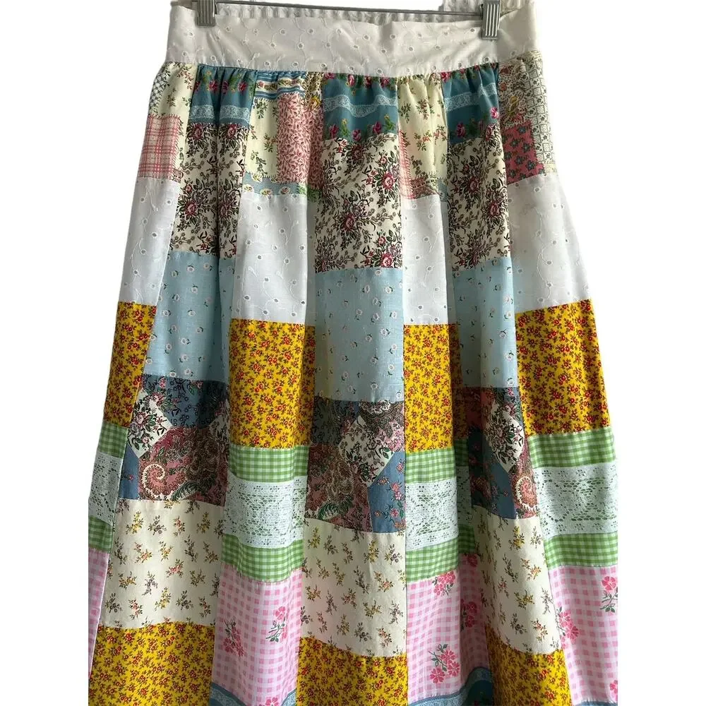 Handmade Vintage Medium 100% Cotton &‎ Lined Eyelet Quilted Patchwork Maxi Skirt